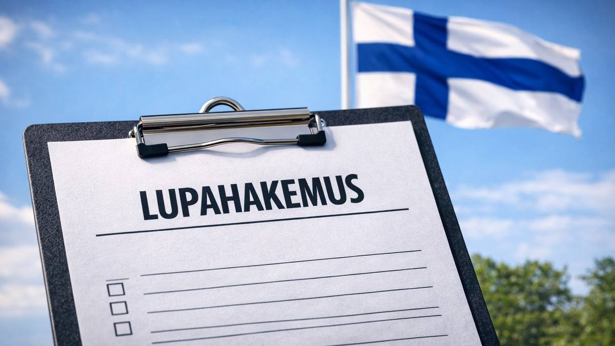 Lupahakemus-lomake leikepöydällä ja Suomen lippu taustalla