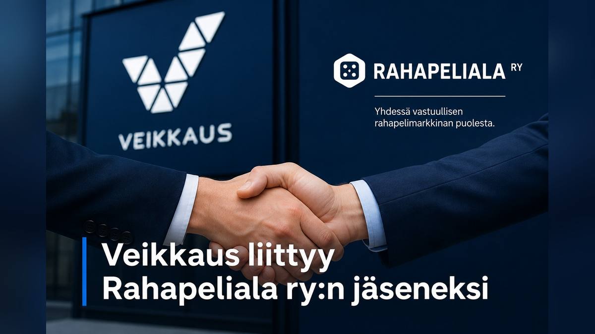 Veikkaus Rahapeliala ry:n jäseneksi: valmistautuminen Suomen lisenssimarkkinaan Veikkaus ja Rahapeliala ry: kädenpuristus, taustalla Veikkauksen logo ja Rahapeliala ry:n tunnus